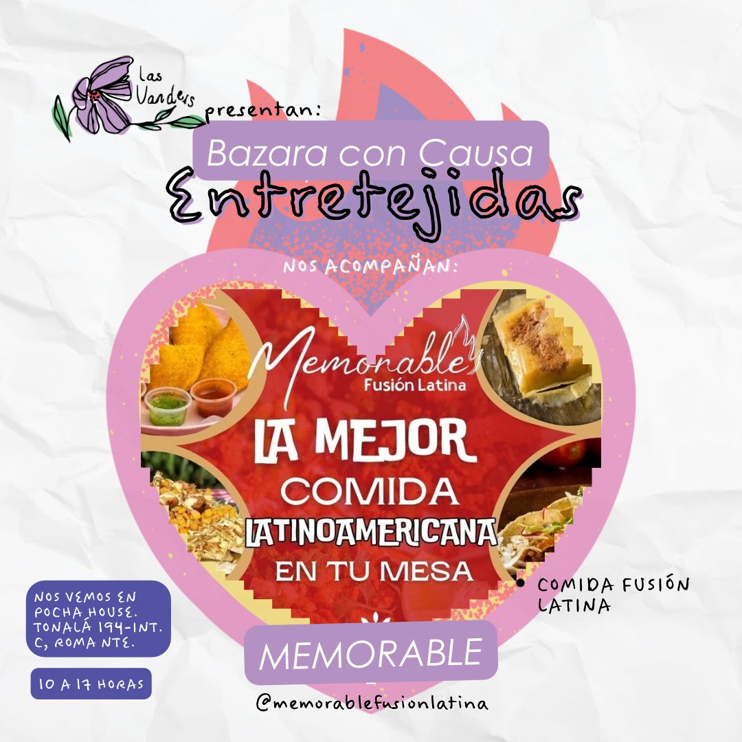 ✨ ¡Te esperamos en ENTRETEJIDAS! 🛍️🎨

Un bazar con causa. Nos acompañarán:
🖌️ Poesía Pintada con arte, accesorios y más.
🍴 Memorable, cocina fusión latina deliciosa.

📅 14 de diciembre
⏰ 10 a 20 h
📍 Pocha House, Tonalá 194-C, Roma Norte, CDMX
💜 ¡Apoya y ENTRETEJÁMONOS!