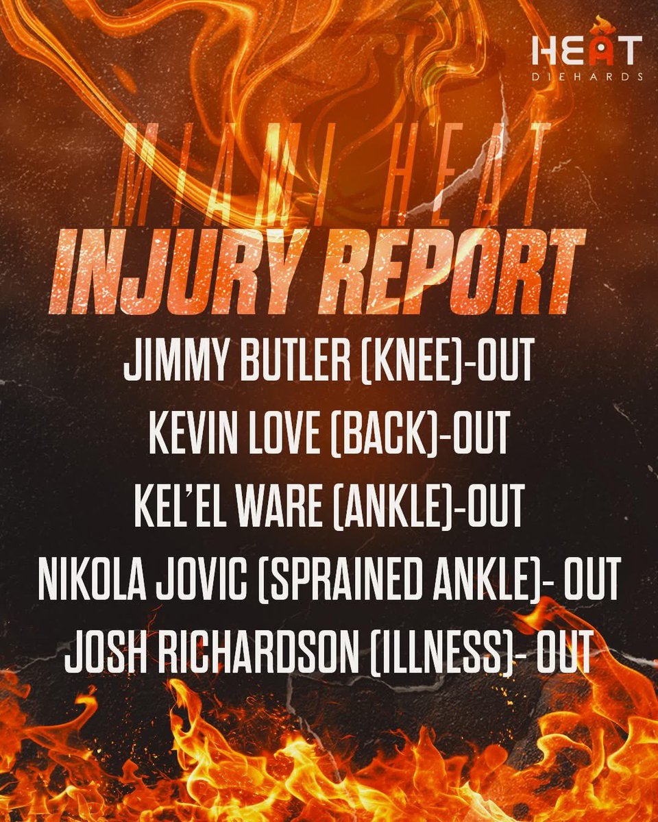 HeatDiehards's tweet image. INJURY REPORT for tonight's #MIAvsBOS game:

HEAT will be without Jimmy Butler, Nikola Jovic, Kevin Love, Kel’el Ware, and Josh Richardson