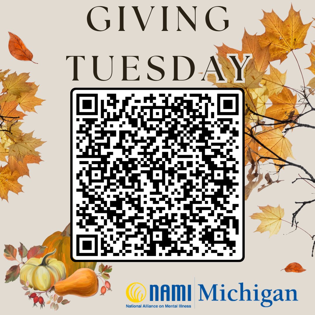This Tuesday, December 3rd is GIVING TUESDAY. If you would like to support NAMI Michigan, your donations will be graciously welcomed by scanning the QR Code below. THANK YOU and Happy Holidays to you and your families! #namimichigan #mentalhealthawareness #bettertogether #nami