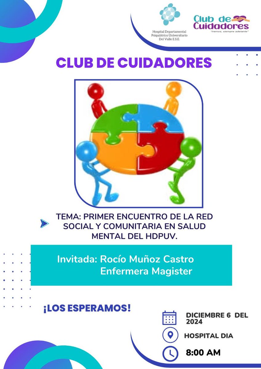 El #HDPUValle invita a su club de cuidadores, con el tema: "Primer encuentro de la red social y comunitaria en salud mental HDPUV".
Día: 6 de diciembre 2024
Hora: 8:00 am
Lugar: Hospital Día
¡Los esperamos!

#HDPUV #SALUDMENTAL #PsiquiatricoCali #clubdecuidadores