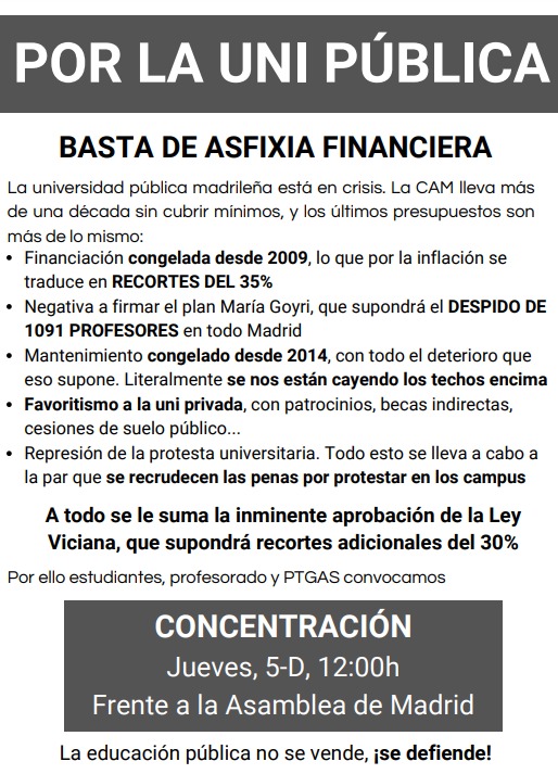 Nos organizamos para reclamar dignidad en la investigación y la docencia, y evitar una situación de colapso en las universidades públicas de Madrid
✊🏼Nos sumamos a los llamados a la movilización #SinCienciaNoHayFuturo