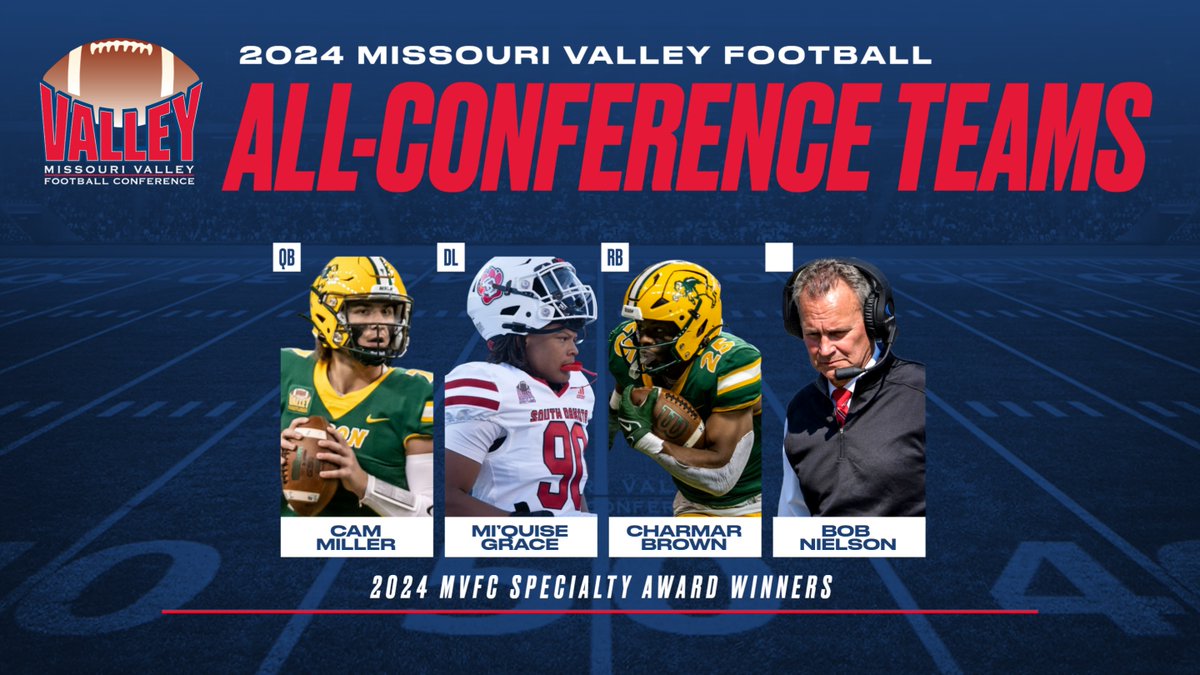 Valley Football (@valleyfootball) on Twitter photo #MVFC all-league teams:
Offensive POY: <a href="/cammiller_5/">Cam Miller</a> <a href="/NDSUfootball/">NDSU Football</a>
Defensive POY: <a href="/mi_quise/">MiโQuise Grace</a> <a href="/SDCoyotesFB/">South Dakota Football</a>
Freshman/Newcomer: <a href="/BrownCharmar/">CharMar Brown AKA Marty</a>
Coach of the Year: Bob Nielson
MORE: bit.ly/4idngHd #MVFC all-league teams:
Offensive POY: <a href="/cammiller_5/">Cam Miller</a> <a href="/NDSUfootball/">NDSU Football</a>
Defensive POY: <a href="/mi_quise/">MiโQuise Grace</a> <a href="/SDCoyotesFB/">South Dakota Football</a>
Freshman/Newcomer: <a href="/BrownCharmar/">CharMar Brown AKA Marty</a>
Coach of the Year: Bob Nielson
MORE: bit.ly/4idngHd