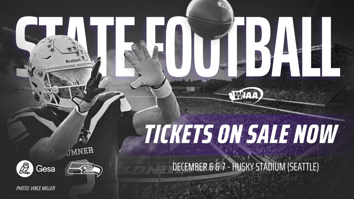 WIAA (@wiaawa) on Twitter photo Tickets on sale now for the 2024 WIAA/<a href="/GesaCU/">Gesa Credit Union</a> State Football Championships presented by the <a href="/Seahawks/">Seattle Seahawks</a> Dec. 6 & 7 at Husky Stadium.
🎟 GET TICKETS: tinyurl.com/y9pn5bv2
Friday, Dec. 6 - 1B, 1A, 3A
Saturday, Dec. 7 - 2B, 2A, 4A
(Photo: @vmillerphoto) Tickets on sale now for the 2024 WIAA/<a href="/GesaCU/">Gesa Credit Union</a> State Football Championships presented by the <a href="/Seahawks/">Seattle Seahawks</a> Dec. 6 & 7 at Husky Stadium.
🎟 GET TICKETS: tinyurl.com/y9pn5bv2
Friday, Dec. 6 - 1B, 1A, 3A
Saturday, Dec. 7 - 2B, 2A, 4A
(Photo: @vmillerphoto)