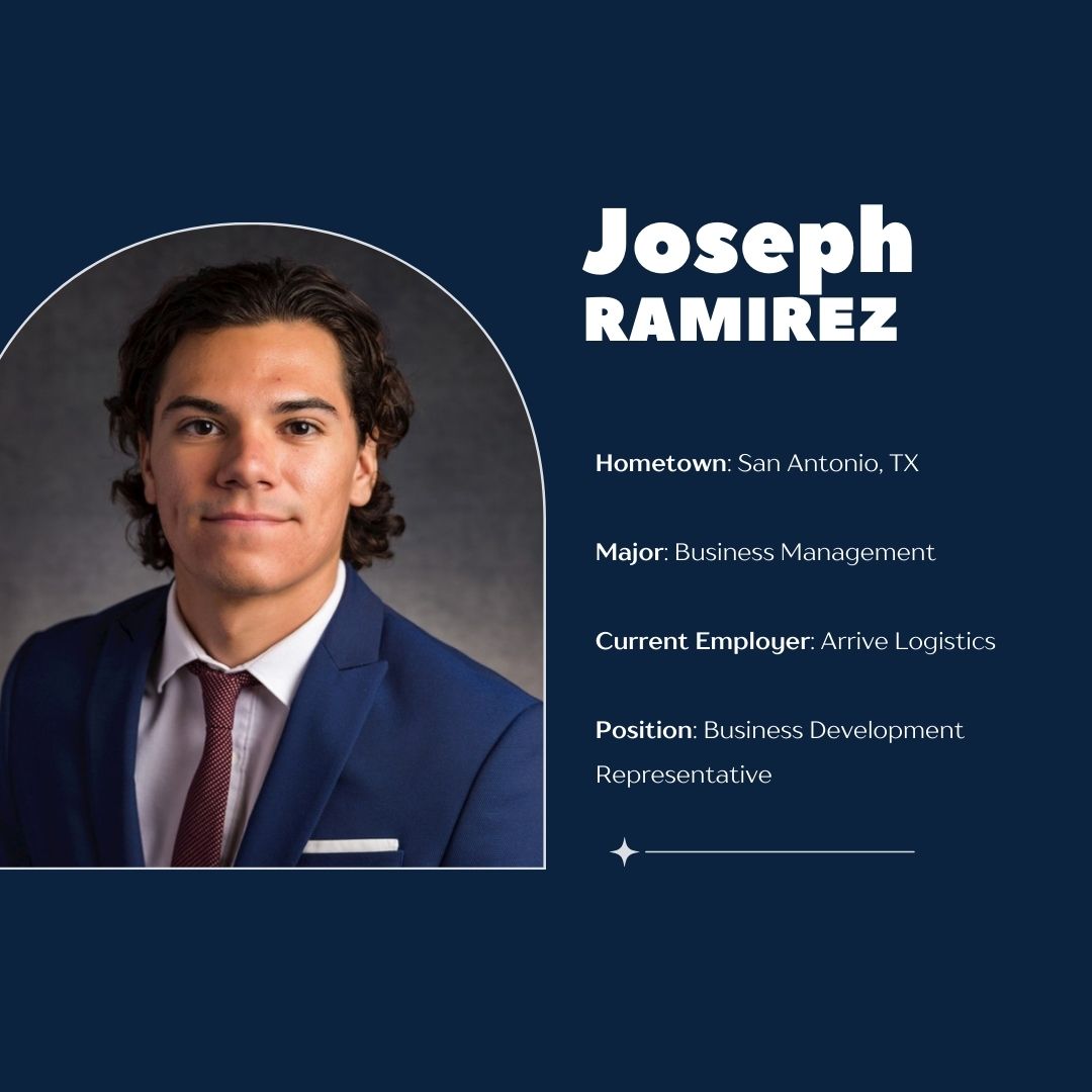 UTSACareer's tweet photo. This week’s ✨ alumni spotlight ✨ is Joseph Ramirez who graduated from UTSA in 2023 and currently works at Arrive Logistics!  #UTSA #UTSAcareer #UTSA25 #UTSA26 #UTSA278 https://t.co/UvggVXFcCt