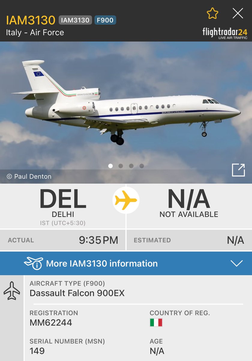 ClarkKe49569692's tweet photo. Italian Air Force (Aeronautica Militare) callsign IAM3130 is departing New Delhi (DEL).
Italian Minister Adolfo Urso met Union Minister Jitendra Singh in India, to discuss India-Italy bilateral cooperation.
Aircraft - Dassault Falcon 900EX
Registration - #MM62244
ICAO - #33FFAE https://t.co/esWjOxBkye