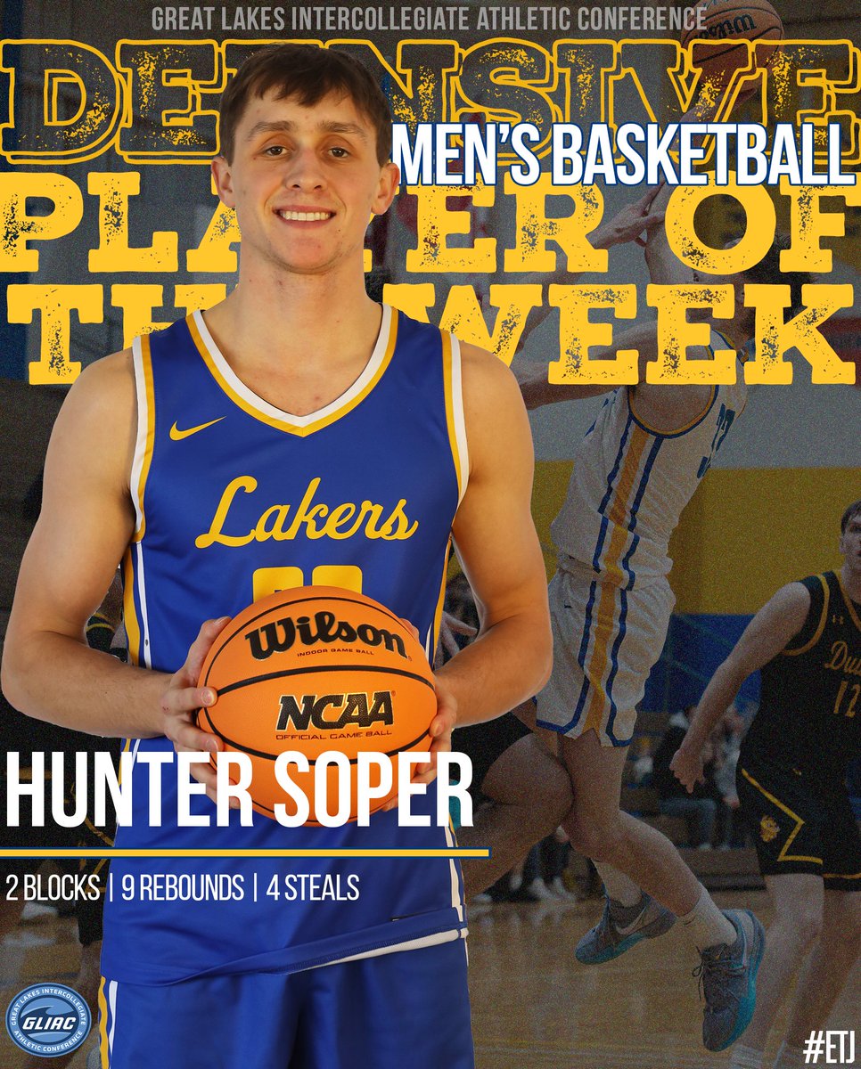 LakeStateMBB's tweet photo. For the 𝟯𝗿𝗱 (!!!) consecutive week, Hunter Soper has been named the GLIAC’s MBB Defensive Player of the Week!

He helped the Lakers hold UMD to almost 30 points under their season average! The real fun starts tomorrow when we open up GLIAC play! 

📄 https://t.co/1refbGHIzN https://t.co/n5eWOVVB7d