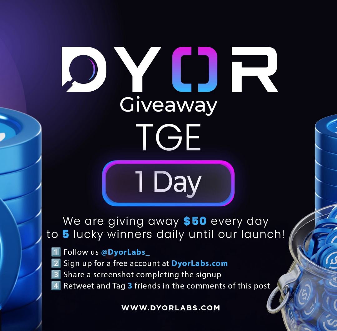 DYORdotcom's tweet photo. 🚨 Only ONE Day Until $DYOR is live 🚨

To celebrate the upcoming TGE of $DYOR, launching on base  Dec 3rd, 2024, we're hosting an exclusive GIVEAWAY everyday until launch, so far we have given away over $1500 back to the community! Make sure to enter our final giveaway until TGE. 

Here’s what’s up for grabs! We are giving away $50 to 5 lucky people

Rules:
1️⃣ Follow us
2️⃣ Sign up for a free account at https://t.co/YlSmMAjryT
3️⃣ Share a screenshot in the comments completing the signup!
4️⃣ Retweet and Tag 3 friends in the comments of this post

Winners will be announced daily! Good luck 💙❤️

#DYOR