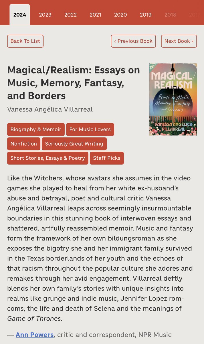 Vanessid's tweet image. So very honored that MAGICAL/REALISM made NPR's 2024 Books We Love end-of-year list. Thank you so much to THEE ever-brilliant critic @annkpowers for this write up—Tori 5-ever! apps.npr.org/best-books/?ut…