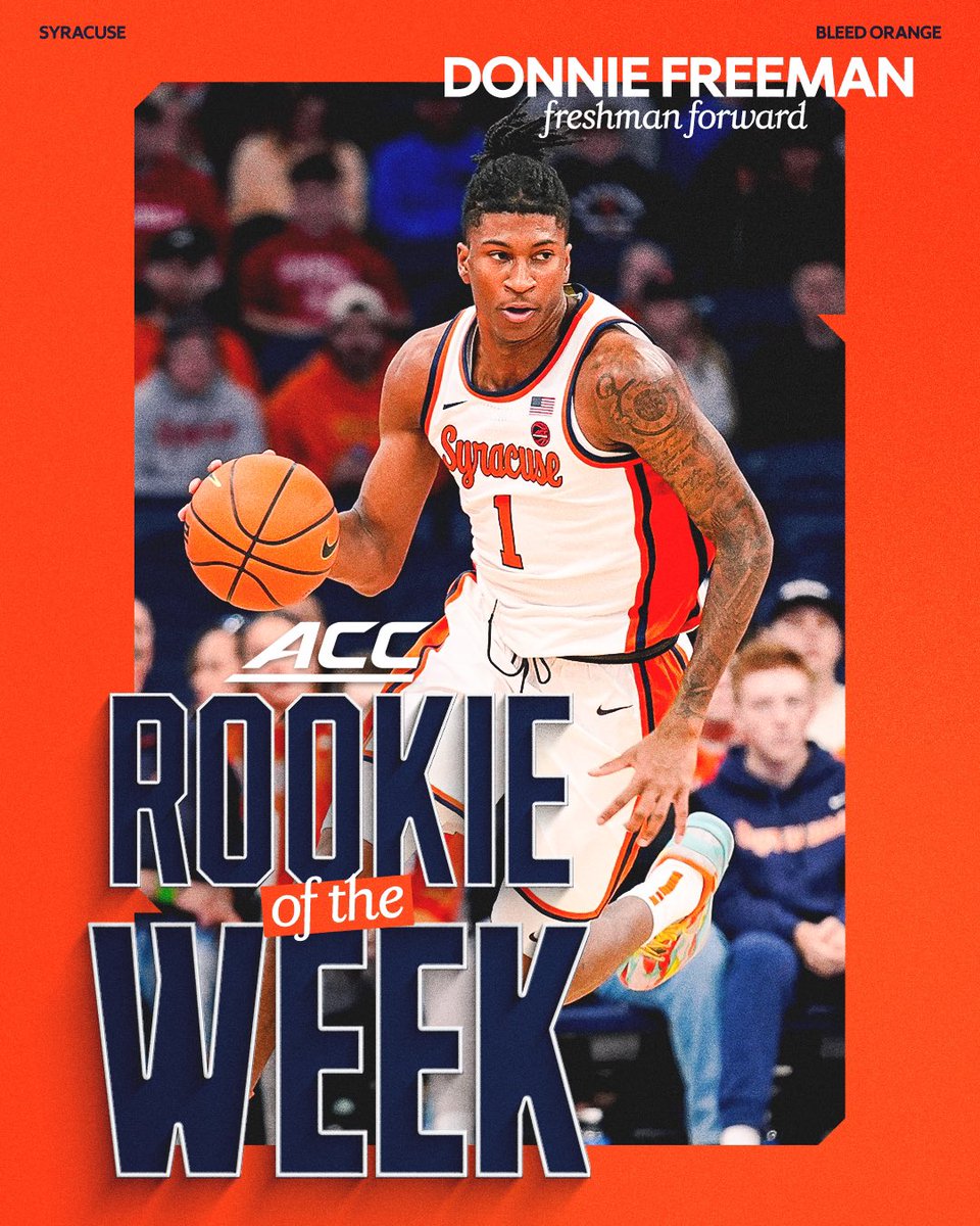 Syracuse Men’s Basketball (@cuse_mbb) on Twitter photo Congrats <a href="/DonavanFreeman1/">Donnie Freeman</a> 👏🔥
He’s been named ACC Co-Rookie of the Week for his 23-point, 12-rebound effort in last week’s win. Congrats <a href="/DonavanFreeman1/">Donnie Freeman</a> 👏🔥
He’s been named ACC Co-Rookie of the Week for his 23-point, 12-rebound effort in last week’s win.