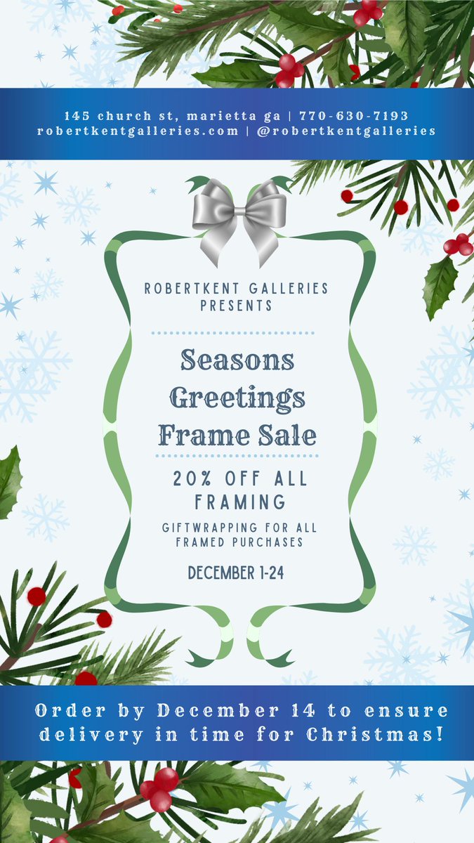 RKGGalleries's tweet image. Enjoy 20% off custom framing at RobertKent Galleries through Dec 24! Gift wrapping available upon request. Order by Dec 14 for Christmas! 🎁✨ #Framing #MariettaSquare