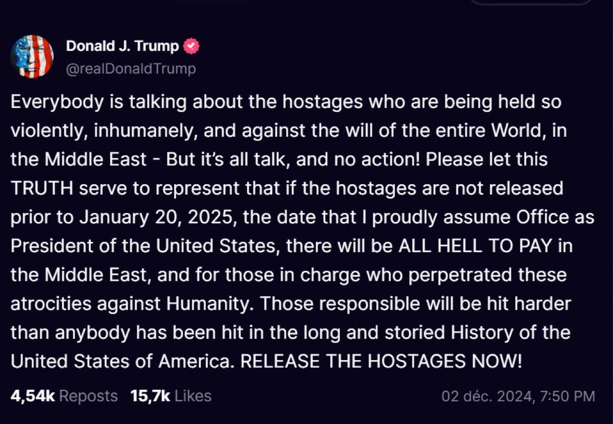 🇺🇸 Droits de douane de l’ALENA, utilisation du dollar par les BRICS et maintenant les otages à Gaza : Trump met la pression maximale sur tous les sujets avant son investiture