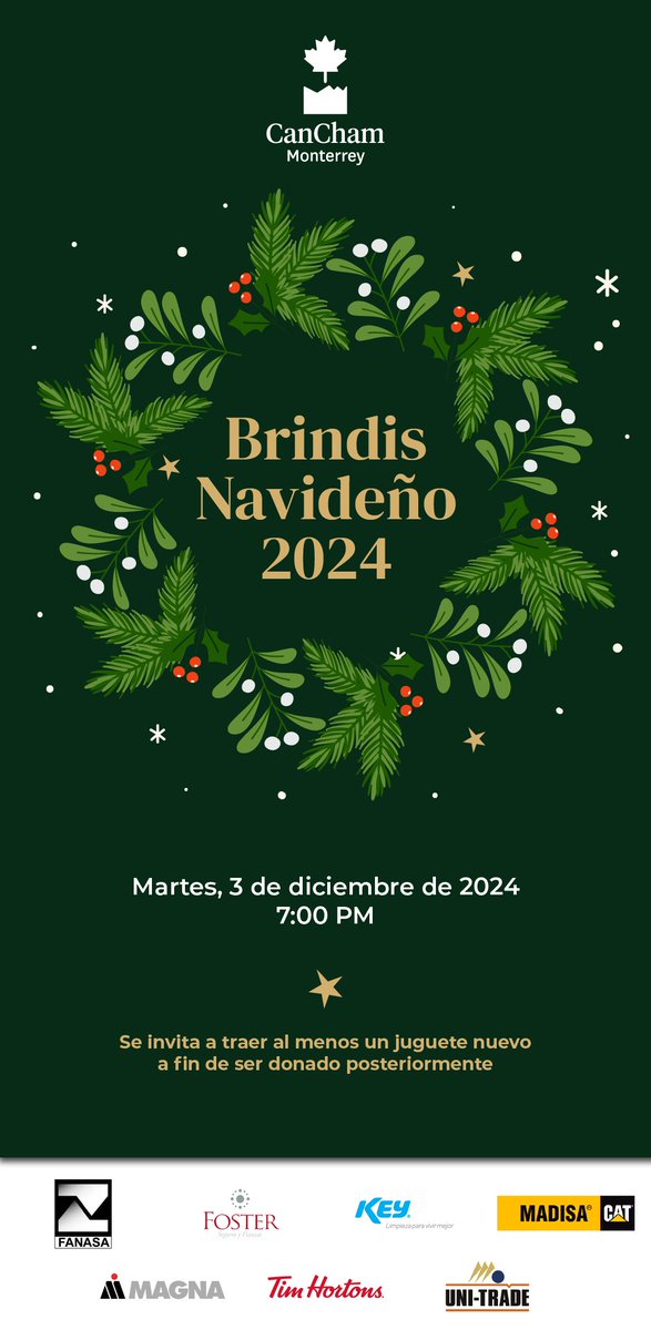 🎄✨ Mañana nos reuniremos en nuestro Brindis Navideño 2024 para cerrar el año y celebrar juntos.

Fecha: Martes, 3 de diciembre de 2024
Hora Inicio: 7:00 p.m.

¡Nos vemos mañana para brindar por un año lleno de logros y seguir fortaleciendo nuestra comunidad! 🥂🇨🇦🇲🇽