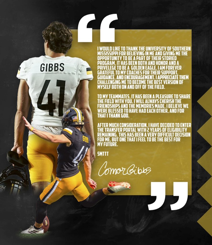 I will be Entering the transfer portal with 2 years of eligibility remaining. Thank you Southern Miss.