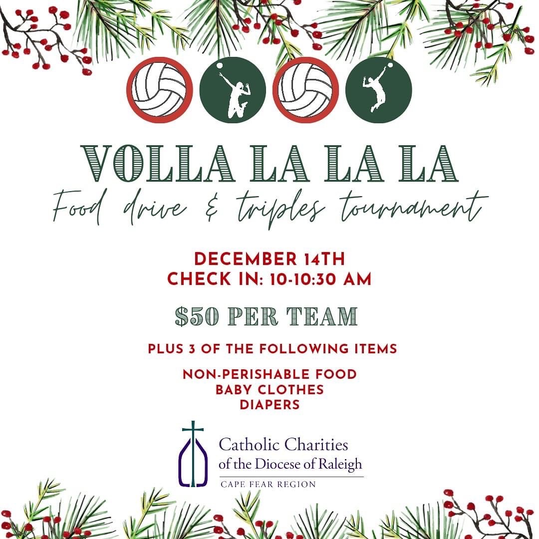 🎄🏐 Let’s spike hunger and serve hope together on Saturday, Dec. 14! 

 Volla La La La Food Drive &amp; Coed Beach Volleyball Triples Tournament!
11:00 AM
Wilmington Beach Academy, 9892 Wayne St., Leland, NC 28451
Divisions: A/BB and B/C
Entry Fee: $50 per team + 3 donated items