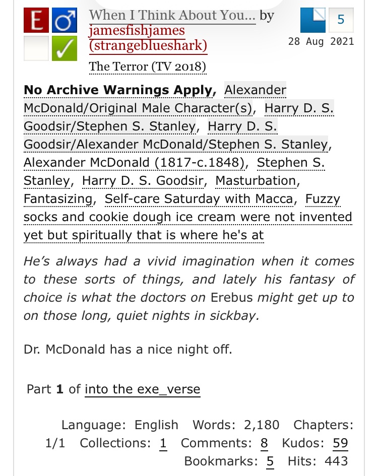 #ffrmc2024 Ok I am 20 hours late for day 1, but: archiveofourown.org/works/33527620 Self-care with the lovely Dr McDonald for ‘comfort read’