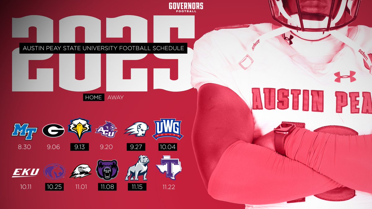 Austin Peay Football (@govsfb) on Twitter photo ๐จ ๐ฎ๐ฌ๐ฎ๐ฑ ๐๐ข๐ข๐ง๐๐๐๐ ๐ฆ๐๐๐๐๐จ๐๐ ๐จ
The Govs' schedule is set for Year II of the Jeff Faris Era!
๐ด FBS games vs. Georgia and MTSU
๐ด ๐๐๐ ๐๐ผ๐๐๐ ๐ผ๐ ๐๐๐ ๐๐๐๐!
๐๏ธ --> bit.ly/3Oyswrn
๐๏ธ --> bit.ly/GovsFB25
#GovEffect | #LetsGoPeay ๐จ ๐ฎ๐ฌ๐ฎ๐ฑ ๐๐ข๐ข๐ง๐๐๐๐ ๐ฆ๐๐๐๐๐จ๐๐ ๐จ
The Govs' schedule is set for Year II of the Jeff Faris Era!
๐ด FBS games vs. Georgia and MTSU
๐ด ๐๐๐ ๐๐ผ๐๐๐ ๐ผ๐ ๐๐๐ ๐๐๐๐!
๐๏ธ --> bit.ly/3Oyswrn
๐๏ธ --> bit.ly/GovsFB25
#GovEffect | #LetsGoPeay