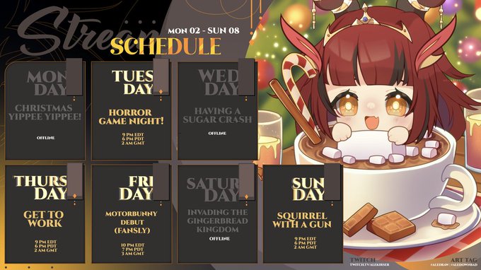 THIS WEEK'S SCHEDULE ✨⚔️(DEC 2 - 8)   
BEST TIME OF THE YEAR EDITION
? annkitty 
#aledraw https://t.
