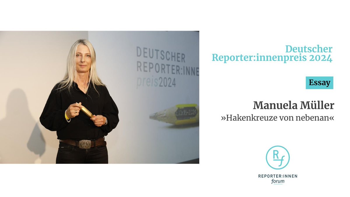 Für ihren Text “Die Hakenkreuze von nebenan” erhält Manuela Müller den  #ReporterInnenpreis in der Kategorie Essay. Darin fragt sie sich, wer eigentlich die vielen Hakenkreuze malt, die in ihrer Nachbarschaft auftauchen.

Hier geht es zum Artikel 👉
reporterpreis.de/upload/hakenkr…