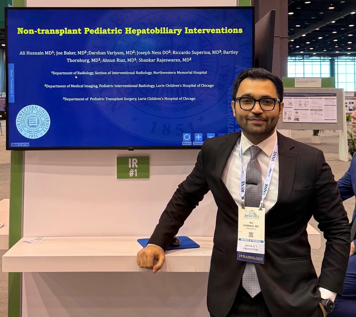 Ali Husnain presenting his work on pediatric hepatobiliary interventions from Lurie Children’s Interventional Radiology at #RSNA2024.