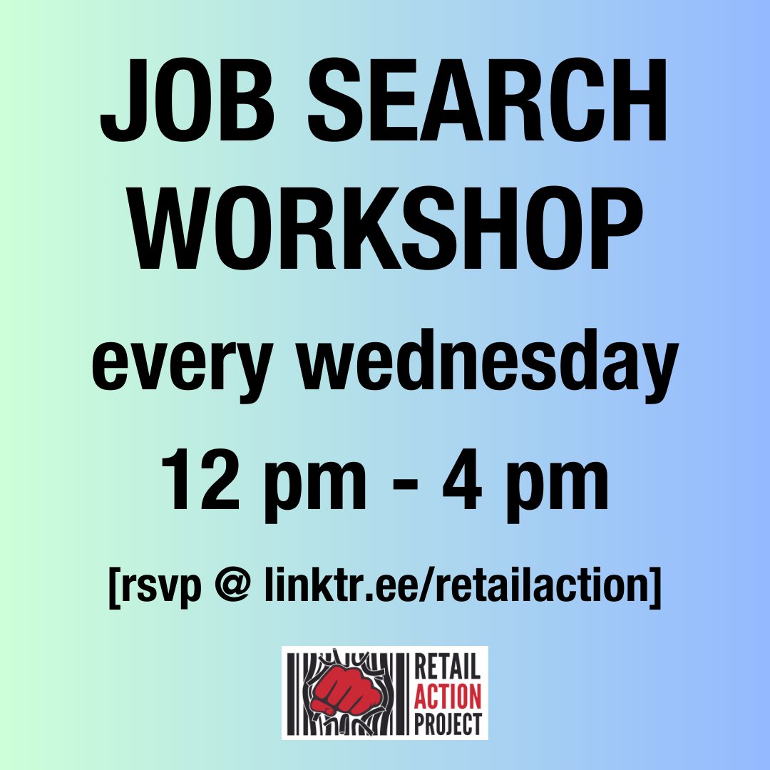The #RetailActionProject hosts in-person Job Search Workshops on Wednesdays, 12-4 PM! Participants identify job interests &amp; prepare for the opportunities through research, resume updates, reviewing interview skills, and professionalism.

Register:  docs.google.com/forms/d/e/1FAI…