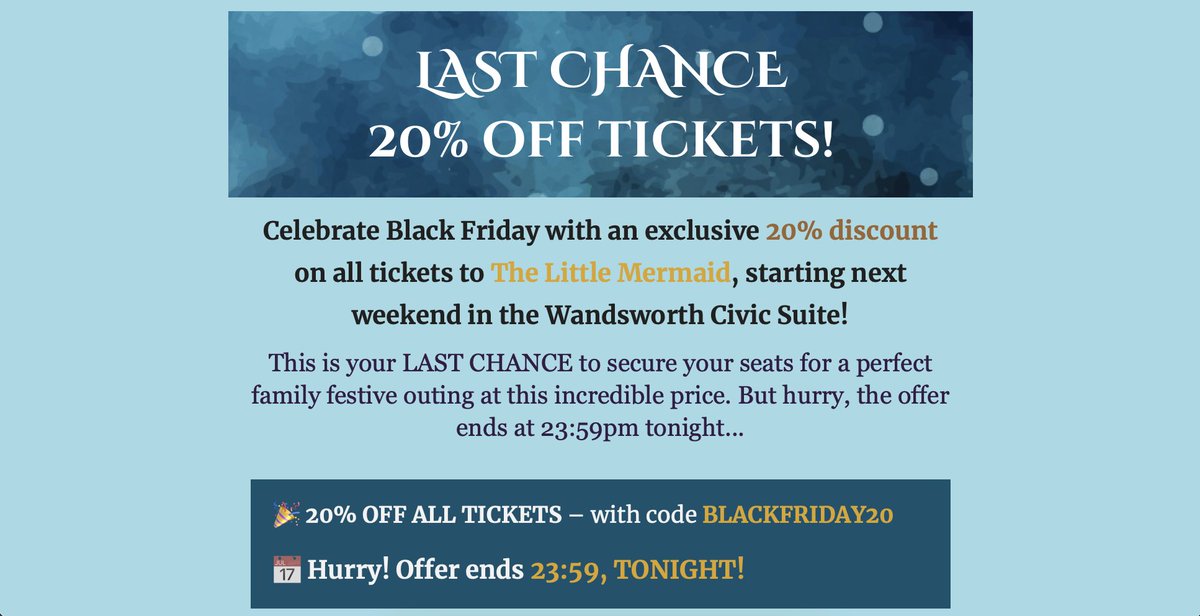 🚨Last chance to buy #TheLittleMermaid #panto tickets with 20% discount! 🧜‍♀️Don’t miss out on the most magical pantomime of the season✨Book your discounted tickets here before 11.59pm tonight 👉tinyurl.com/34ywdp8n #LocalMumsDiscounts #localmums #Wandsworth