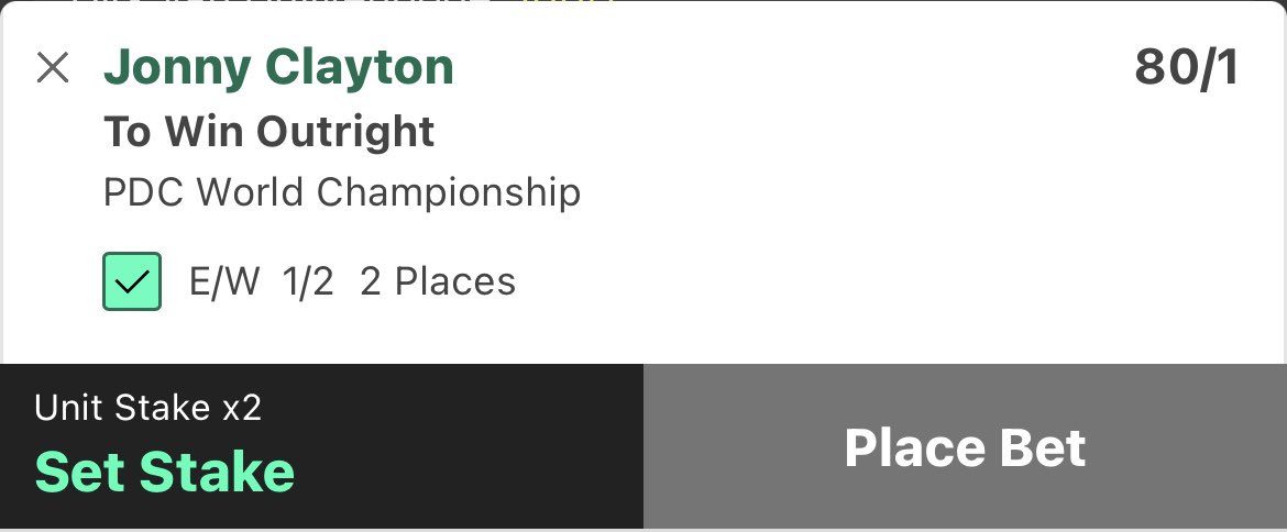 Harry’s Darts Tips (@harrysdartstips) on Twitter photo PDC WORLD DARTS CHAMPIONSHIP OUTRIGHT BET🎯
Jonny Clayton to win outright @ 80/1 - 0.5 points EW. 1 point total
If Clayton WINS I will giveaway £100 to one of YOU 💵
To enter:
1️⃣ Like ❤️ this tweet
2️⃣ RT this tweet
3️⃣ Follow <a href="/HarrysDartsTips/">Harry’s Darts Tips</a>
Reasoning below too👇 PDC WORLD DARTS CHAMPIONSHIP OUTRIGHT BET🎯
Jonny Clayton to win outright @ 80/1 - 0.5 points EW. 1 point total
If Clayton WINS I will giveaway £100 to one of YOU 💵
To enter:
1️⃣ Like ❤️ this tweet
2️⃣ RT this tweet
3️⃣ Follow <a href="/HarrysDartsTips/">Harry’s Darts Tips</a>
Reasoning below too👇