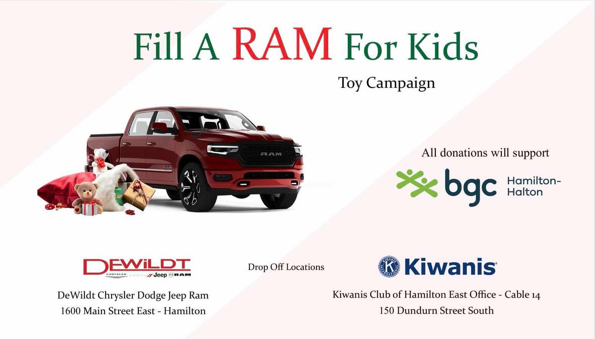 KiwanisEast's tweet photo. Kiwanis is teaming up with DeWildt Chrysler Dodge Jeep in an effort to provide some toy support for local families at BGC Hamilton-Halton Please donate today! #KidsNeedKiwanis https://t.co/YVN98906Af