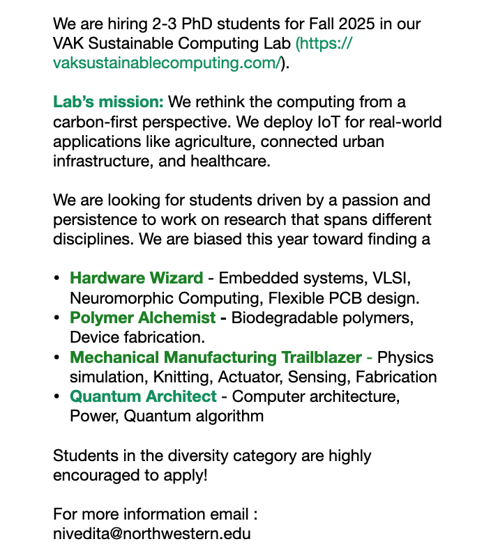 ๐ฑ Nivedita Arora ๐ Sustainable Computing (@nivarora) on Twitter photo ๐ฃ RT๐๐ฑ
We are hiring 2-3 PhD students for Fall 2025 in our <a href="/VAKLabNU/">VAK Sustainable Computing Lab @ Northwestern ๐ ๐</a> (lnkd.in/gMWJDjbn). ๐ฃ RT๐๐ฑ
We are hiring 2-3 PhD students for Fall 2025 in our <a href="/VAKLabNU/">VAK Sustainable Computing Lab @ Northwestern ๐ ๐</a> (lnkd.in/gMWJDjbn).