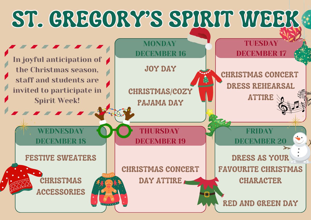 Coinciding with our Winter Uniform Drive, our Equity and Inclusion Team is proud to present optional Christmas Spirit Day themes for each day of the week leading up to Christmas Holidays! 🎄@Mrs_McKay13