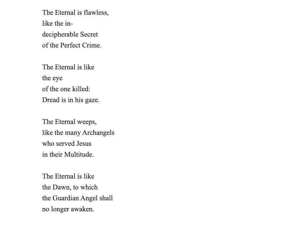 Alina Stefanescu (@aliner) on Twitter photo The Eternal
is like the ax
the assassin slams
into someone’s head.
- Szilárd Borbély, excerpt from "Aeternitas" translated by <a href="/caringerel/">ottilie mulzet @ottiliemulzet.bsky.social</a> The Eternal
is like the ax
the assassin slams
into someone’s head.
- Szilárd Borbély, excerpt from "Aeternitas" translated by <a href="/caringerel/">ottilie mulzet @ottiliemulzet.bsky.social</a>