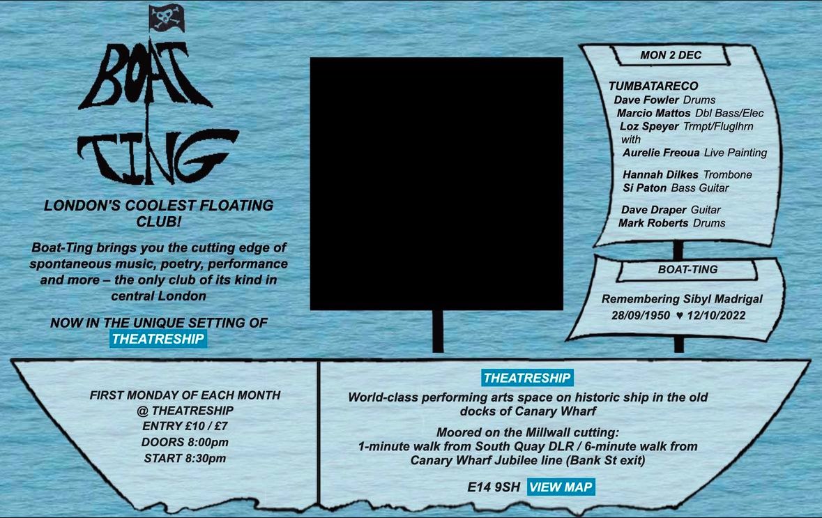 Performing alongside <a href="/SpeyerLoz/">Loz Speyer</a>’s Tumbatareco TRIO at BOAT-TING <a href="/theatreship/">Theatreship</a>. 2nd December 8pm. Canary Wharf London.
I will be improvising and painting live in dialogue with the music / visual improvisation. 🌋

#art #painting #performances #improvisation #jazz #colours #music