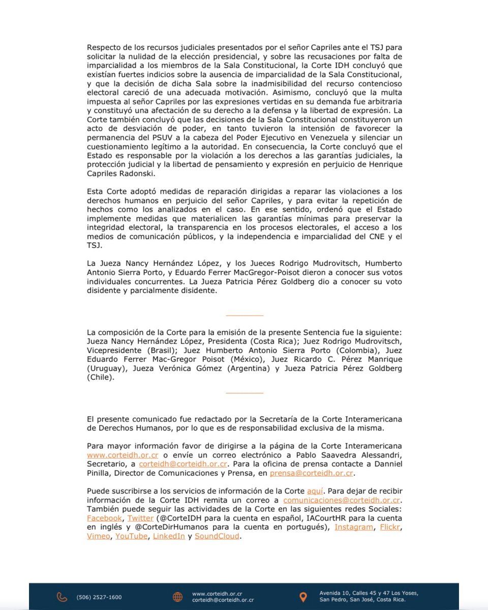 hcapriles's tweet photo. 11 años después (la JUSTICIA además de hacer prevalecer la verdad tiene que ser EXPEDITA) obtuvimos sentencia en relación a la demanda que interpusimos por la elección presidencial del año 2013 ante la @CorteIDH 

La Corte Interamericana de Derechos Humanos declaró la responsabilidad internacional del Estado venezolano por la violación a los derechos políticos, la libertad de expresión, la igualdad ante la ley, las garantías judiciales y la protección judicial en mi perjuicio en el marco del proceso electoral del año 2013. Igualmente, ordenó medidas de reparación.

Siempre hemos buscado caminos en el marco de nuestra Constitución para recuperar la democracia, la institucionalidad. Espero que llegue ese día en que se respete y prevalezca el sagrado derecho a decidir los venezolanos en PAZ su futuro.

¡Este país quiere justicia, paz, democracia y cambio! ¡Respeto a la Soberanía popular expresada de forma contundente el 28 de julio de 2024!