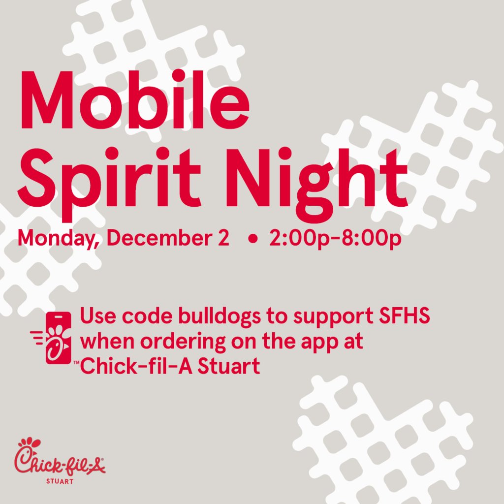 Need dinner plans? We have you covered! Come out to Chick-fil-A in Stuart tonight and place a mobile order using code "bulldogs". You get a delicious, stress free meal and we get support from one our favorite spots in Martin County! It's a win/win situation! 
#GOBulldogs