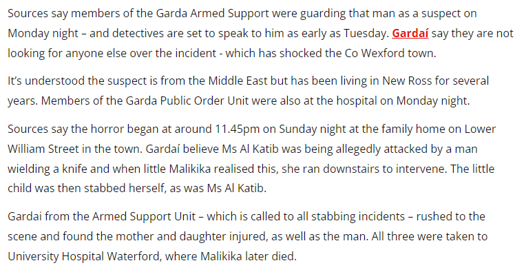 goat_poaster's tweet image. An 8-year old girl was stabbed to death in New Ross while shielding her mother from a knife attack. The suspect is a foreign national originally from the Middle East.