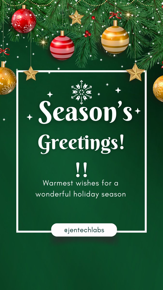 Season’s Greetings from JentechLab! 🎄✨ Wishing you a joyous holiday season filled with innovation, success, and happiness. Thank you for being part of our journey this year. Here’s to a brighter, tech-powered 2025! #SeasonsGreetings #TechForGood
