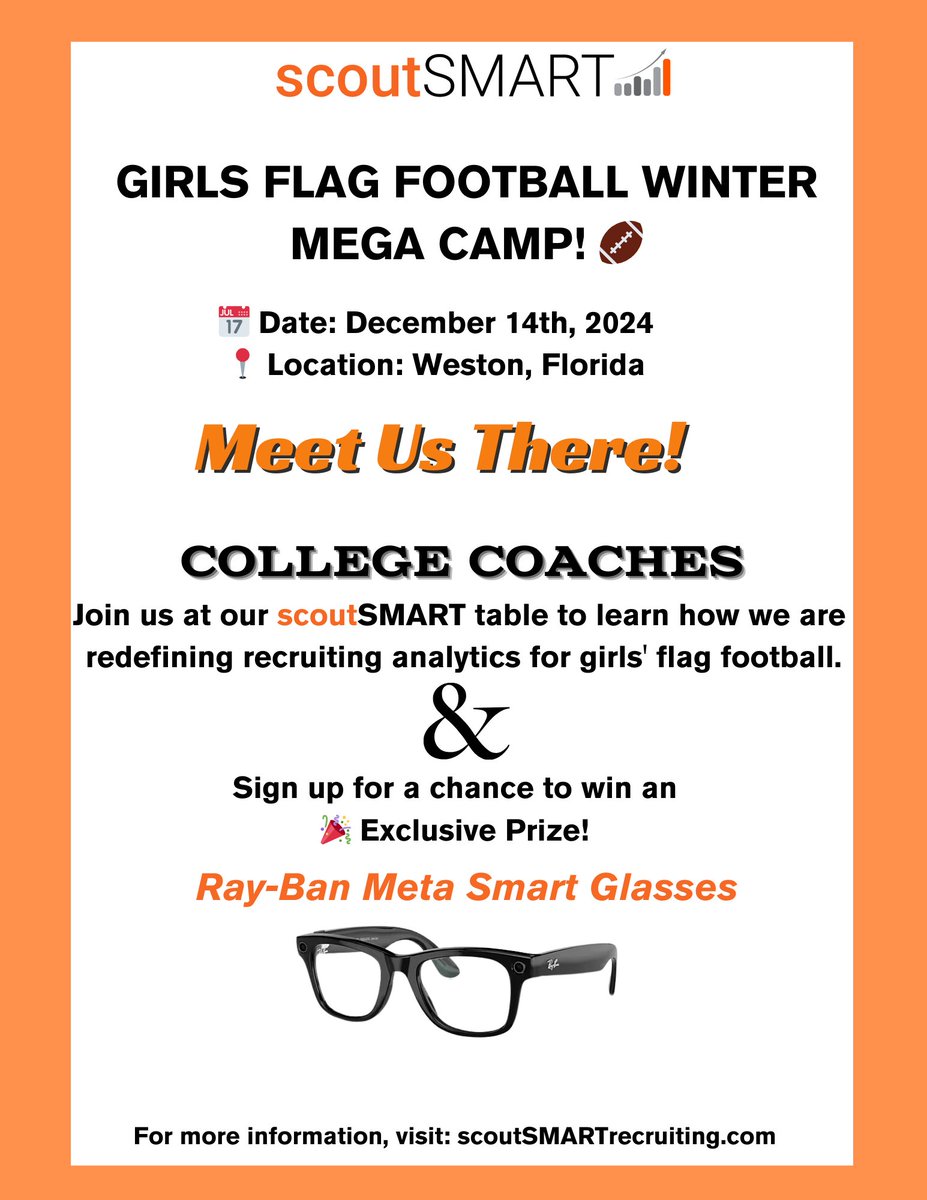 🚨GUESS WHO WILL BE IN SOUTH FLORIDA ON DECEMBER 14TH!! 🏎️🚩

That's right! The #scoutSMART team will be at the Nike Girls Flag Football Mega Camp! So be sure to stop by our tent and introduce yourself.  We can't wait to see you! #girlsflagfootball #PlayerProfiles #Recruiting