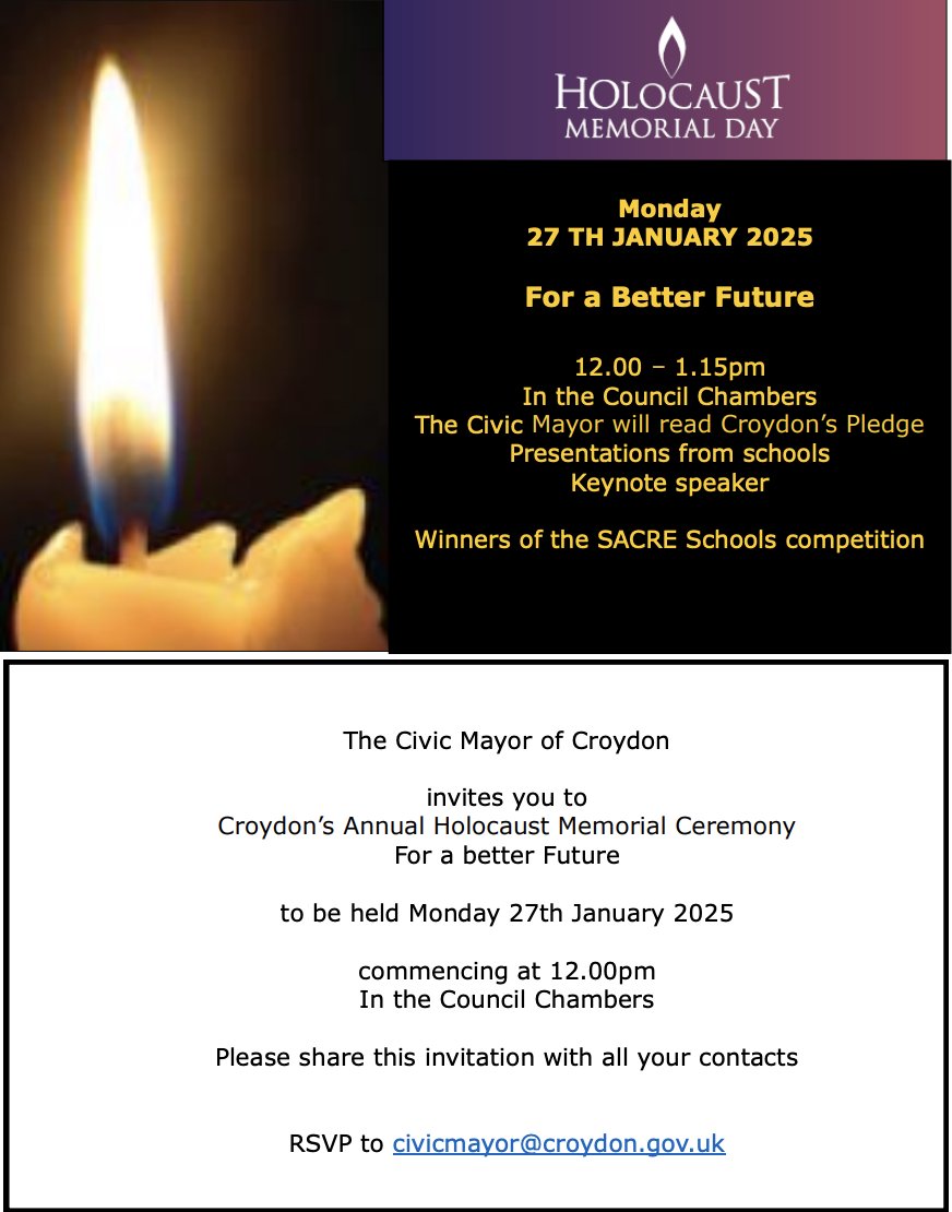 CCC (@croydonnbrhoods) on Twitter photo Croydon's civic mayor, <a href="/KolaAgboola3/">Kola Agboola</a>, invites you to the Holocaust Memorial Day event in Croydon - 27 Jan 2025, noon to 1.15pm croydoncc.wordpress.com/2024/12/02/hol…
Pls RSVP Croydon's civic mayor, <a href="/KolaAgboola3/">Kola Agboola</a>, invites you to the Holocaust Memorial Day event in Croydon - 27 Jan 2025, noon to 1.15pm croydoncc.wordpress.com/2024/12/02/hol…
Pls RSVP