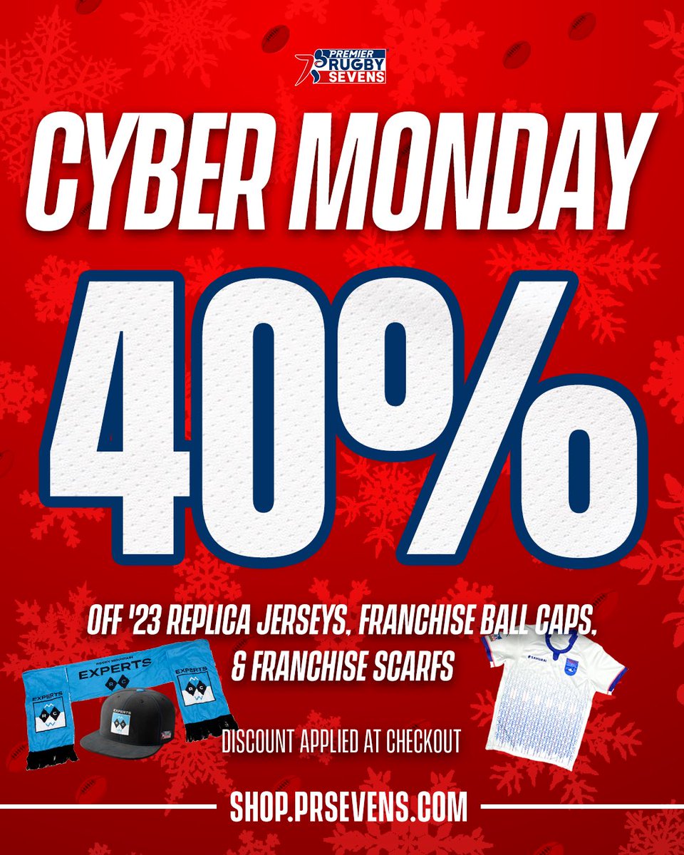 prsevens's tweet photo. 🚨 Cyber Monday is here! 🚨

Score BIG with 𝟒𝟎% 𝐎𝐅𝐅 ’23 replica jerseys, franchise hats, and scarves TODAY ONLY. 🏉🔥 Shop now and rep your favorite PR7s team! ⏳ Don’t wait—sale ends tonight! 💻🛍️

👉 https://t.co/Jg1KVWzVg2

#SevensNewHome #CyberMonday https://t.co/a1GXZQzZLa