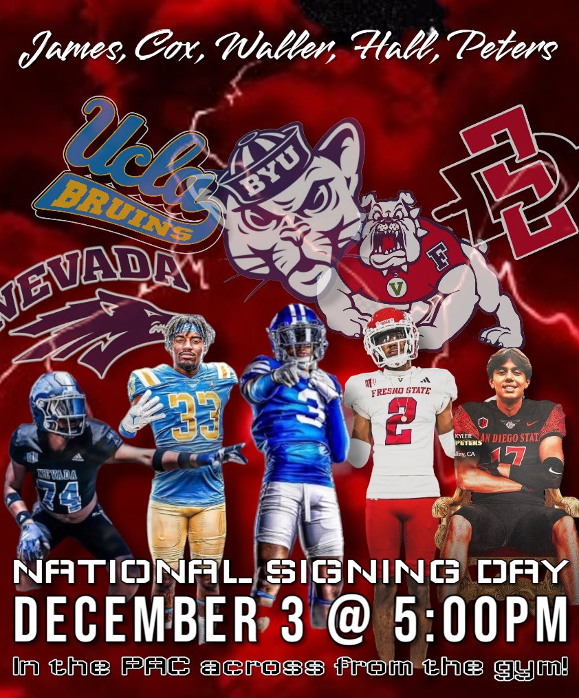 Tomorrow at 5:00 <a href="/jojojames150/">Joseph James</a> <a href="/KarsonCox33/">Karson Cox 4⭐️</a> <a href="/LamasonW/">LaMason Waller lll</a> <a href="/DajhonHall/">DaJhon Hall</a> and <a href="/KylerPeters2025/">Kyler Peters</a> will be signing to <a href="/NevadaRecruits/">Nevada FB Recruiting</a> <a href="/UCLAFootball/">UCLA Football</a> <a href="/BYUfootball/">BYU FOOTBALL</a> <a href="/FresnoStateFB/">Fresno State Football</a> <a href="/AztecFB/">San Diego State Football</a> <a href="/J0seQuintero/">Jose Quintero</a> <a href="/coachmetty/">Coach Metzger</a> <a href="/GregBiggins/">Greg Biggins</a> <a href="/BrandonHuffman/">Brandon Huffman</a> <a href="/OakHillsFootba1/">Oak Hills Football</a> <a href="/IESportsNet/">IE Sports Net on FOX Sports Radio🎙</a> <a href="/OHHS_bulldogs/">Oak Hills High School</a>