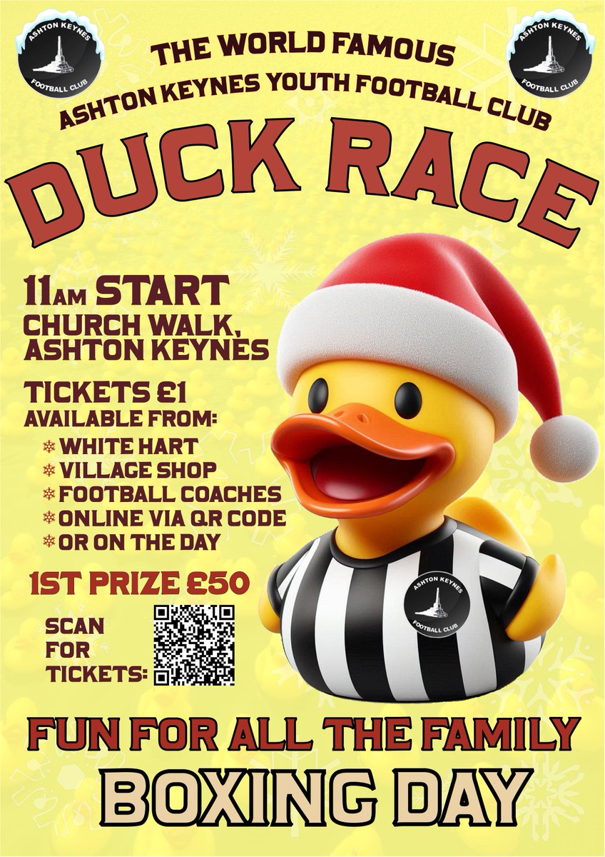 Ashton Keynes Youth Football Club (@akyouthfc) on Twitter photo There's the Grand National & the Kentucky Derby but they pale into insignificance compared to the greatest race on planet Earth - the world famous Ashton Keynes Boxing Day Duck Race.
Come along, take part!  Scan that QR code now to unlock your winning bird!! There's the Grand National & the Kentucky Derby but they pale into insignificance compared to the greatest race on planet Earth - the world famous Ashton Keynes Boxing Day Duck Race.
Come along, take part!  Scan that QR code now to unlock your winning bird!!