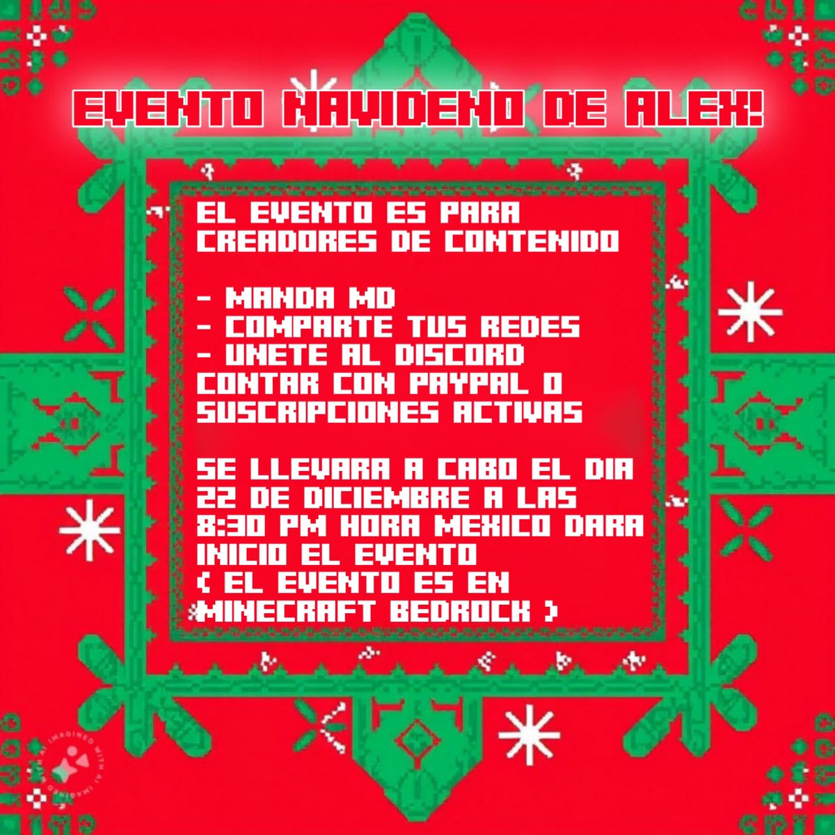 Gente hermosa, se les hace la invitación al próximo evento de Minecraft Bedrock 
Será el día 22 de diciembre a las 8pm 🇲🇽
Etiqueta a quien quieres ver en el evento 
( Habrá premio ) 
Tt + fav