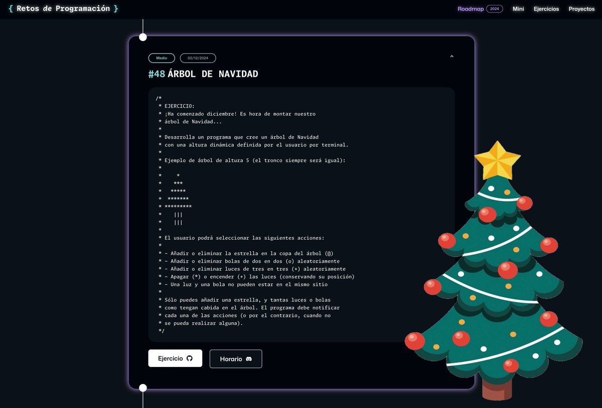 MoureDev's tweet image. Nuevo reto de programación publicado!
Ejercicio navideño: Tenemos que dibujar nuestro árbol de navidad de altura dinámica, colocarle la estrella, bolas y luces 🎄
Puedes participar con cualquier lenguaje:
retosdeprogramacion.com/roadmap/#last