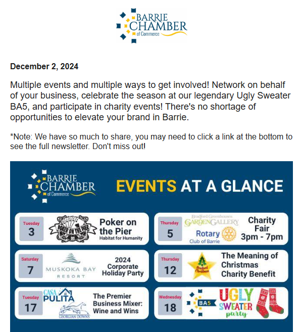 BarrieChamber's tweet photo. 🎅✨ Holiday spirit is here! Explore our latest events & ways to spread cheer this season. 🎄❄️
Read more: https://t.co/D5reuUnChg
Let us know what excites you most! 👇
#BarrieChamber #HolidayCheer #CommunitySpirit #StayConnected #ichooselocal https://t.co/iSHqKoaM6O