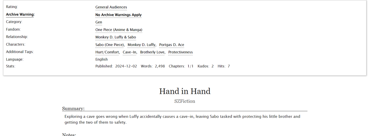 Finally able to post my fic for the <a href="/SaboZine/">Flame Emperor: a Sabo zine</a>! Check it out for some hurt/comfort brotherly feelings! archiveofourown.org/works/61029523