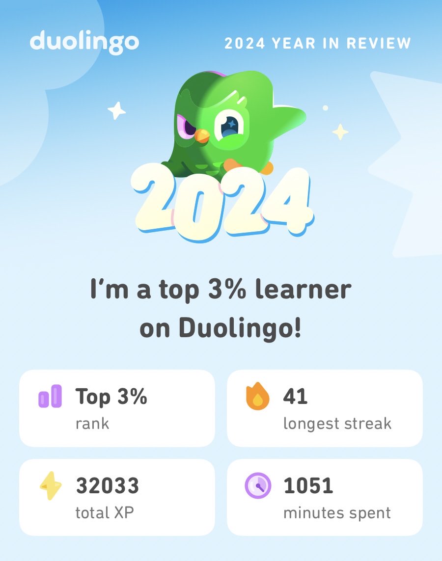 I only re-joined Duolingo 41 days ago so these stats aren’t even for the whole year. Still proud of myself tho, all things considered. 🥹💜 #Duolingo365 https://t.co/i755h1xPCf