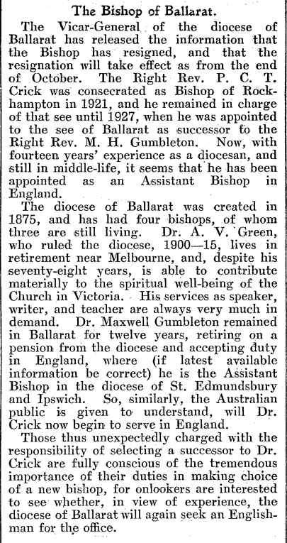 AustAnglican's tweet image. 3 December 1935: the Rt Revd Philip Charles Thurlow Crick (1882-1937) resigns after eight years as fourth Bishop of Ballarat. #anglican #89years He was effectively sacked by his Diocesan Council, who sent him a letter while he was in England, asking him not to return.