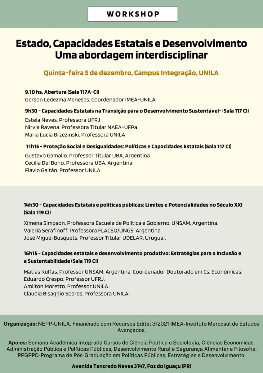 Observatorio de Economía Política Brasil-Argentina (@brasilobs) on Twitter photo Diante dos profundos desafios atuais, a discussão sobre a democracia, o papel do estado e suas implicações para as políticas públicas faz-se imprescindível. 👇🏼 Grande encontro!
<a href="/SimpsonXime/">Xime Simpson</a>
<a href="/UNSAM_EPyG/">Escuela de Política y Gobierno UNSAM</a>
<a href="/unsamoficial/">Universidad Nacional de San Martín</a>
<a href="/unila/">UNILA</a> Diante dos profundos desafios atuais, a discussão sobre a democracia, o papel do estado e suas implicações para as políticas públicas faz-se imprescindível. 👇🏼 Grande encontro!
<a href="/SimpsonXime/">Xime Simpson</a>
<a href="/UNSAM_EPyG/">Escuela de Política y Gobierno UNSAM</a>
<a href="/unsamoficial/">Universidad Nacional de San Martín</a>
<a href="/unila/">UNILA</a>