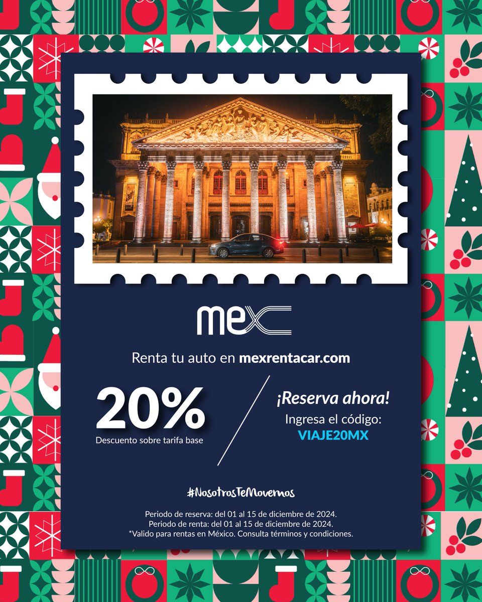 MexRentACar's tweet photo. 🎁🎄Disfruta las fiestas con descuentos exclusivos. 🚙 ¡Reserva hoy y ahorra en https://t.co/id2jh2MJys!

#NosotrosTeMovemos https://t.co/hcqVbu48s5