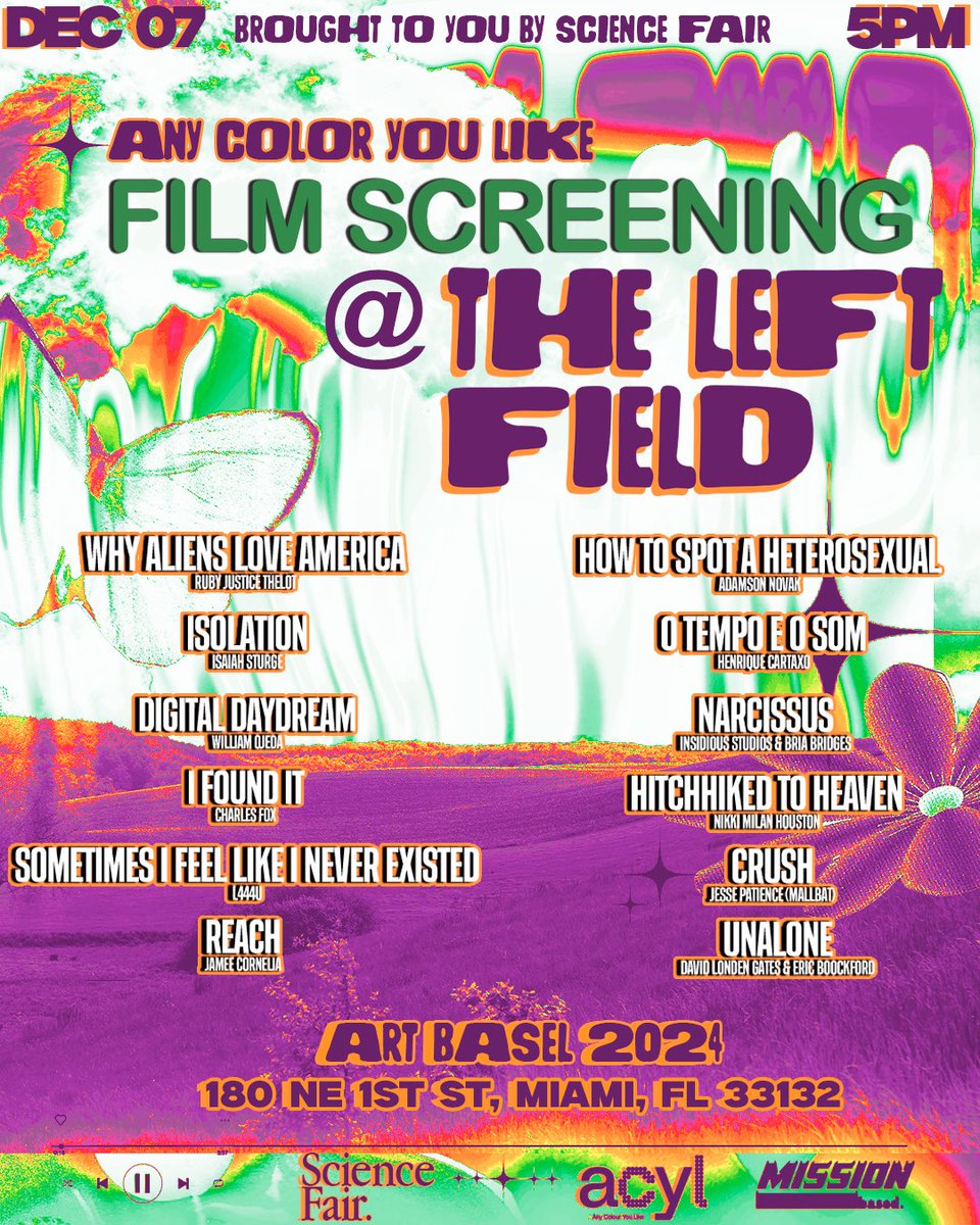 ACYLstudio's tweet image. FILM SCREENING
at The Left Field 🎥✨ 

Experimental Filmmakers:
@being_on_line 
@jameecornelia 
@WillCreatesArt @mall_bat 
@l444u_ 
@DaCircus 
@EricBoockford 
@dunedogs_ 
@augursnft 

from the ACYL catalog 📺
12.7 🌴 MIA