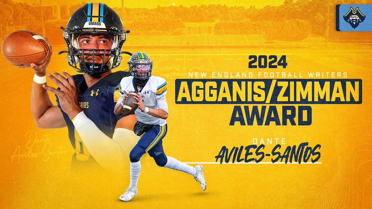 UMass Dartmouth Football (@corsairfootball) on Twitter photo Congratulations to Dante Aviles-Santos for being named the <a href="/NEFballWriters/">New England Football Writers</a> 2024 Agganis/Zimman Award winner!
The “Outstanding Player in New England,” regardless of division, <a href="/dant5_/">6️⃣</a> is only the 2nd #d3fb player to win the award in its prestigious 58 year history!
#WinTheRep🏴☠️ Congratulations to Dante Aviles-Santos for being named the <a href="/NEFballWriters/">New England Football Writers</a> 2024 Agganis/Zimman Award winner!
The “Outstanding Player in New England,” regardless of division, <a href="/dant5_/">6️⃣</a> is only the 2nd #d3fb player to win the award in its prestigious 58 year history!
#WinTheRep🏴☠️